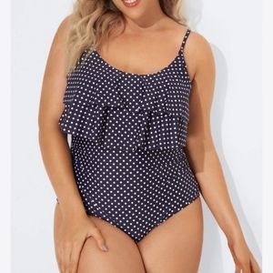Navy Scoopneck Dot Tiered One Piece Swimsuit